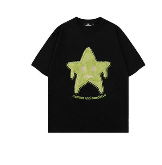 新款毛巾繡星星短袖T卹（黑色）【S-XL碼】【下單後聯絡客服確認發貨尺碼】