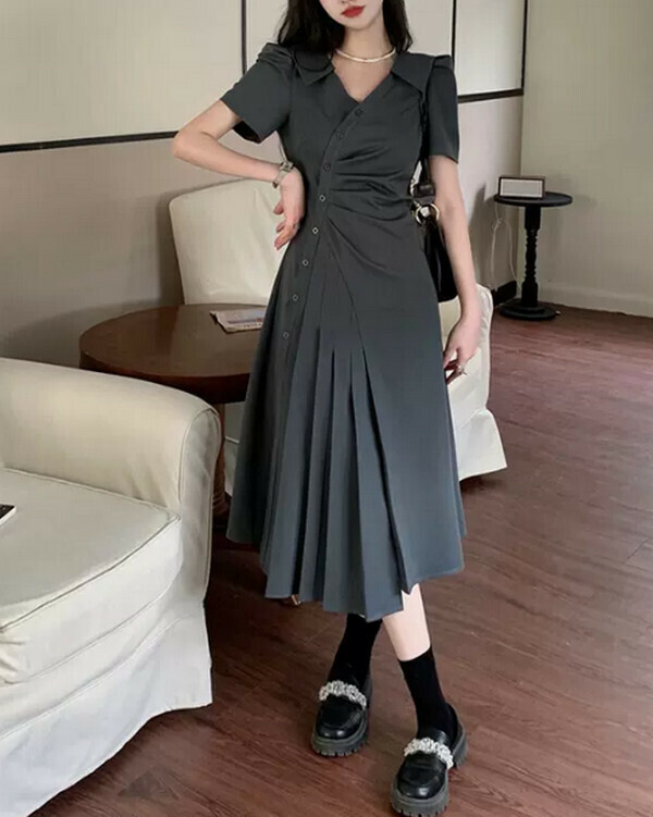 Waist Slim Irregular Chic Dress#Single Piece (Gray) (M-4XL) (Contact customer service to confirm size after placing an order)  