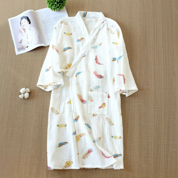 熱賣春夏秋季全棉縐布紗布和服睡袍（LH白色七彩羽毛）【M-L碼】【下單後聯絡客服確認發貨尺碼】