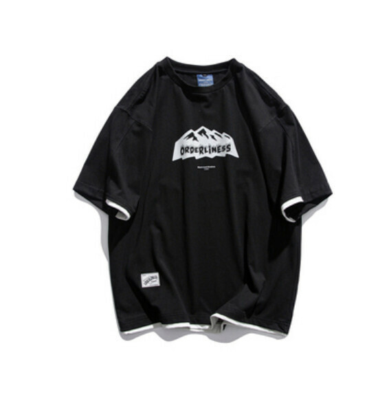 Fake two-piece printed short-sleeved T (black) [M-2XL size] [Contact customer service to confirm the shipping size after placing an order]