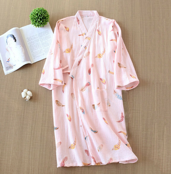 熱賣春夏秋季全棉縐布紗布和服睡袍（LH粉色七彩羽毛）【M-L碼】【下單後聯絡客服確認發貨尺碼】