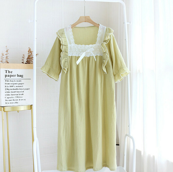 Summer lace streamer crepe short-sleeved nightdress (LYZ green) [M-XL size] [Contact customer service to confirm the shipping size after placing an order]