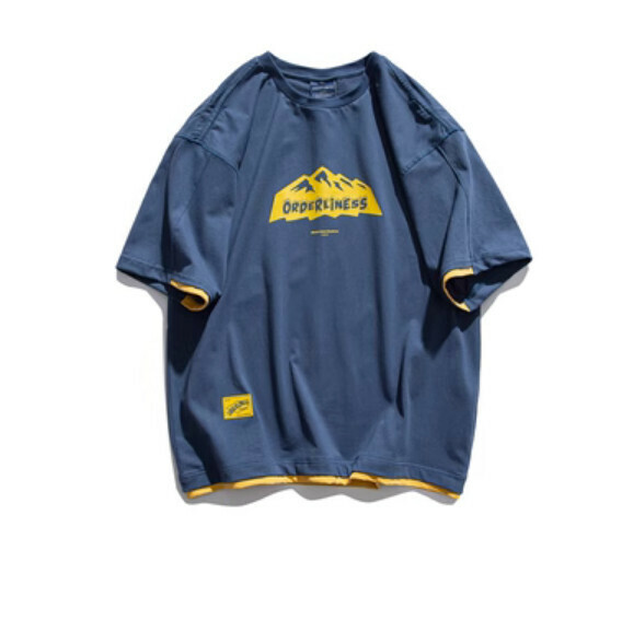 Fake two-piece printed short-sleeved T (blue) [M-2XL size] [Contact customer service to confirm the shipping size after placing an order]