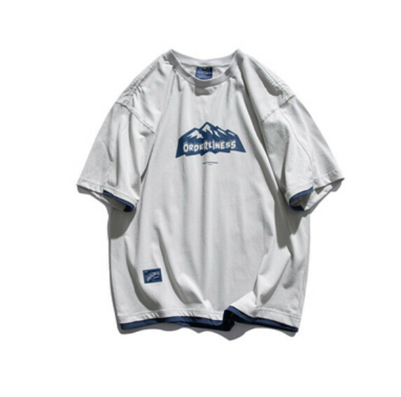 Fake two-piece printed short-sleeved T (light gray) [M-2XL size] [Contact customer service to confirm the shipping size after placing an order]