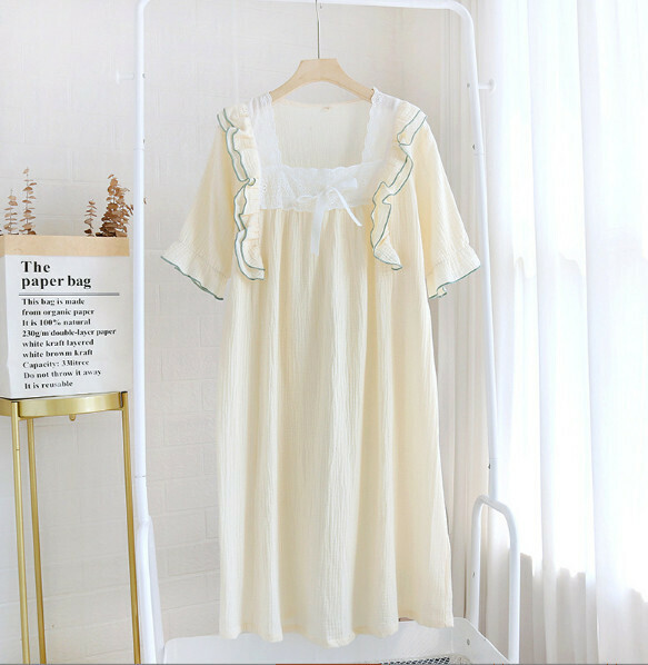 Summer lace streamer crepe short-sleeved nightdress (LYZ off-white) [M-XL size] [Contact customer service to confirm the shipping size after placing an order]