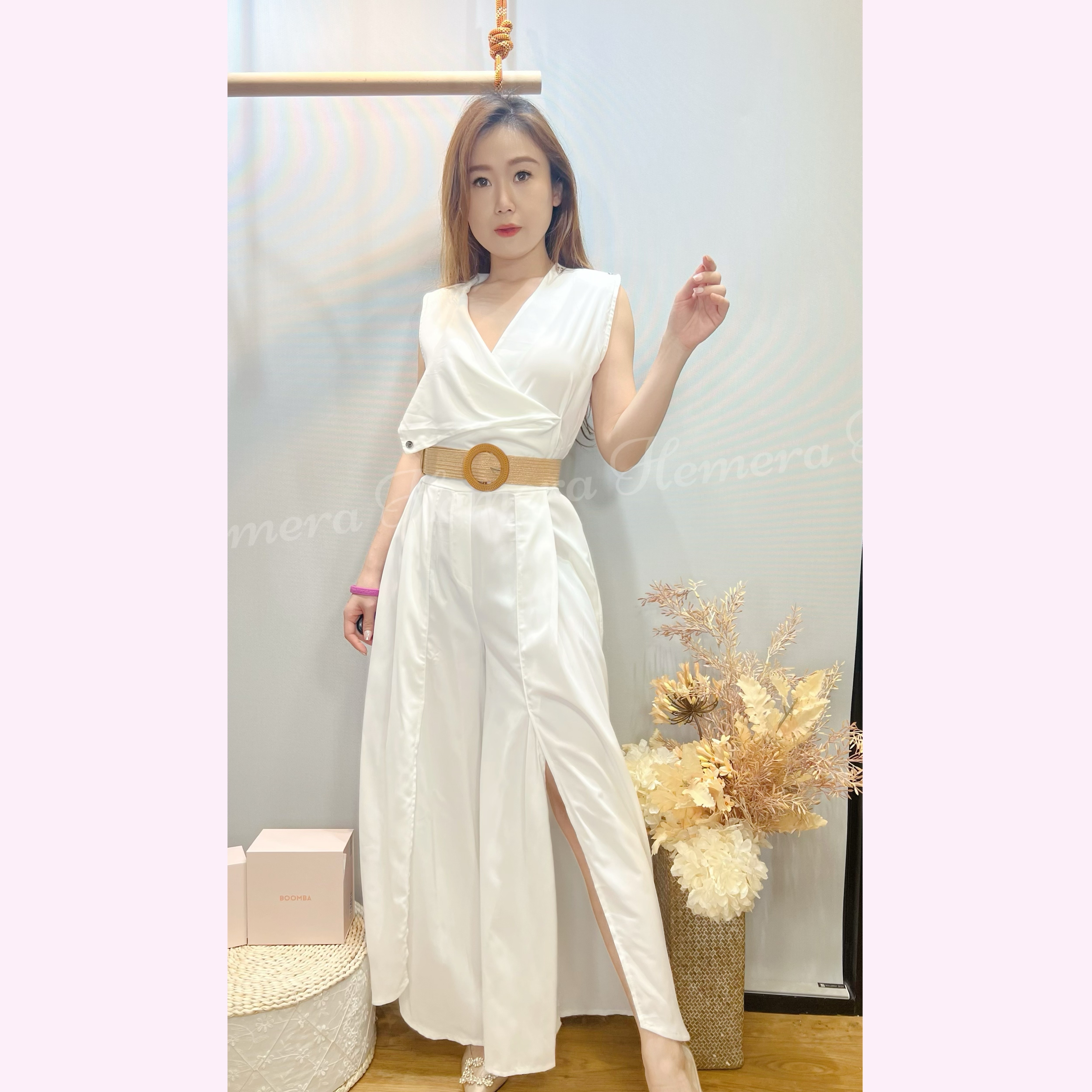 JS24W0518 雪紡型格開叉褲筒連身褲