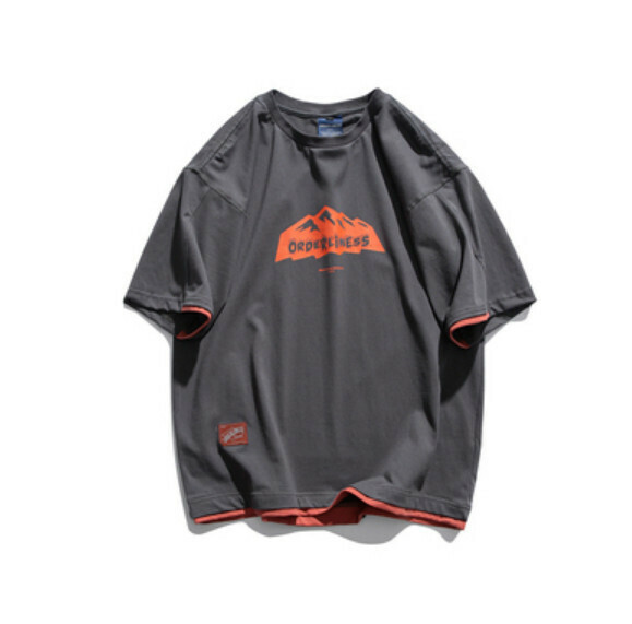 Fake two-piece printed short-sleeved T (dark gray) [M-2XL size] [Contact customer service to confirm the shipping size after placing an order]