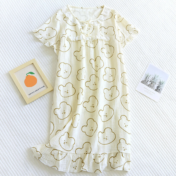 Summer thin crepe short-sleeved home skirt (HLL beige cartoon bear) [M-XL size] [Contact customer service to confirm the shipping size after placing an order]