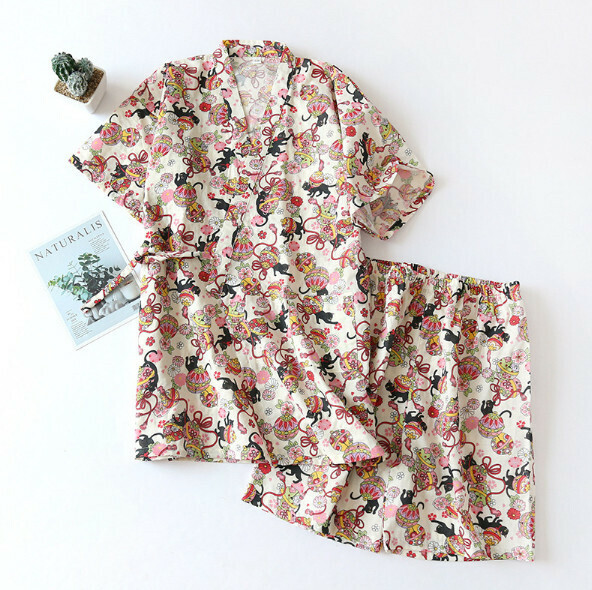 熱賣春春夏季薄款短袖短褲印花和服睡衣（H鈴鐺貓）【M-XL碼】【下單後聯絡客服確認發貨尺碼】