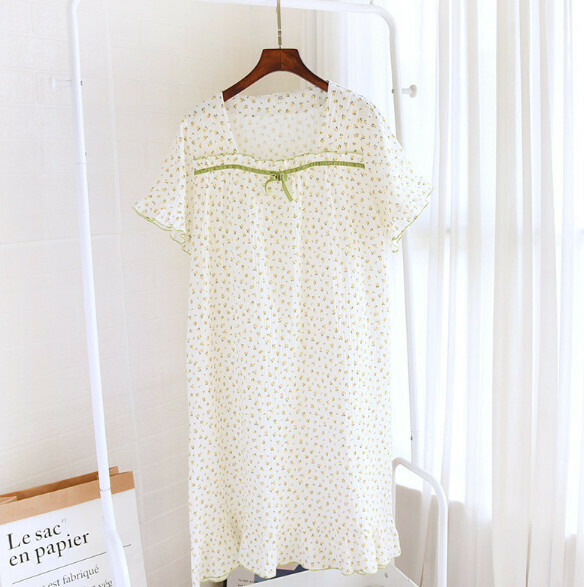 Summer thin crepe short-sleeved home dress (HLL beige floral) [M-XL size] [Contact customer service to confirm the shipping size after placing an order]