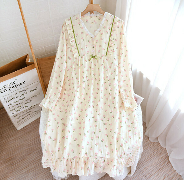 Crepe Crewneck Ribbon Long Sleeve Nightdress (LJH Tulip) [M-XL Size] [Contact Customer Service to Confirm Shipping Size After Placing an Order]