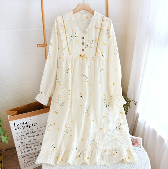 Crepe Round Neck Ribbon Long Sleeve Nightdress (LJH Sanzhihua) [M-XL Size] [Contact Customer Service to Confirm Shipping Size After Placing an Order]