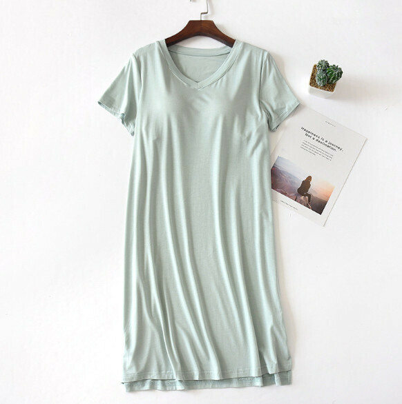 Modal V-neck short sleeve nightdress with chest pad (green) [M-XXL size] [Contact customer service to confirm the shipping size after placing an order]
