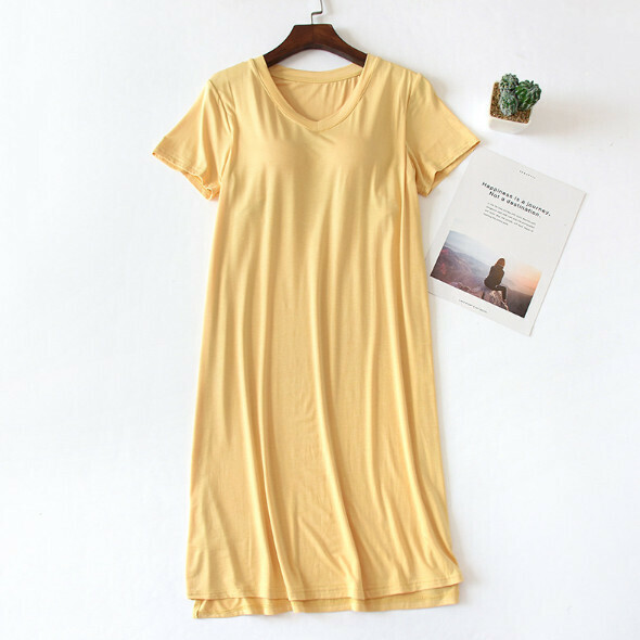 Modal V-neck short sleeve nightdress with chest pad (yellow) [M-XXL size] [Contact customer service to confirm the shipping size after placing an order]