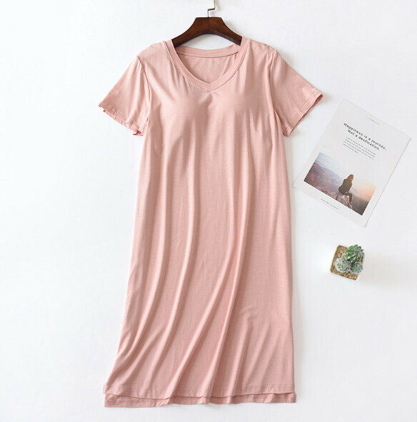 Modal V-neck short sleeve nightdress with chest pad (pink) [M-XXL size] [Contact customer service to confirm the shipping size after placing an order]