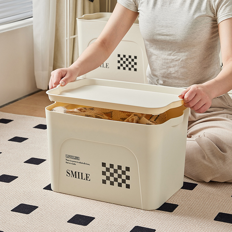 《4161》SMILE棋盤格奶油雙耳加蓋收納籃