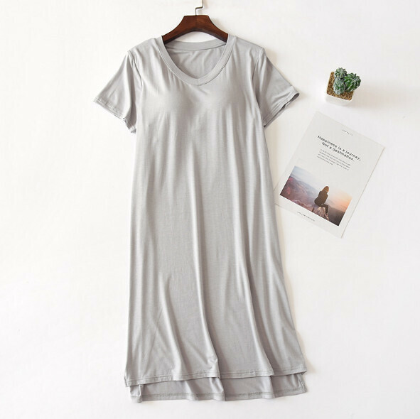 Modal V-neck short sleeve nightdress with chest pad (light gray) [M-XXL size] [Contact customer service to confirm the shipping size after placing an order]