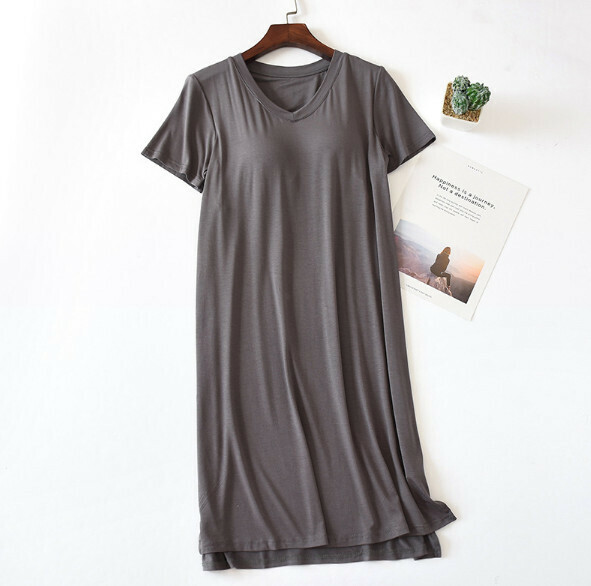 Modal V-neck short sleeve nightdress with chest pad (dark gray) [M-XXL size] [Contact customer service to confirm the shipping size after placing an order]