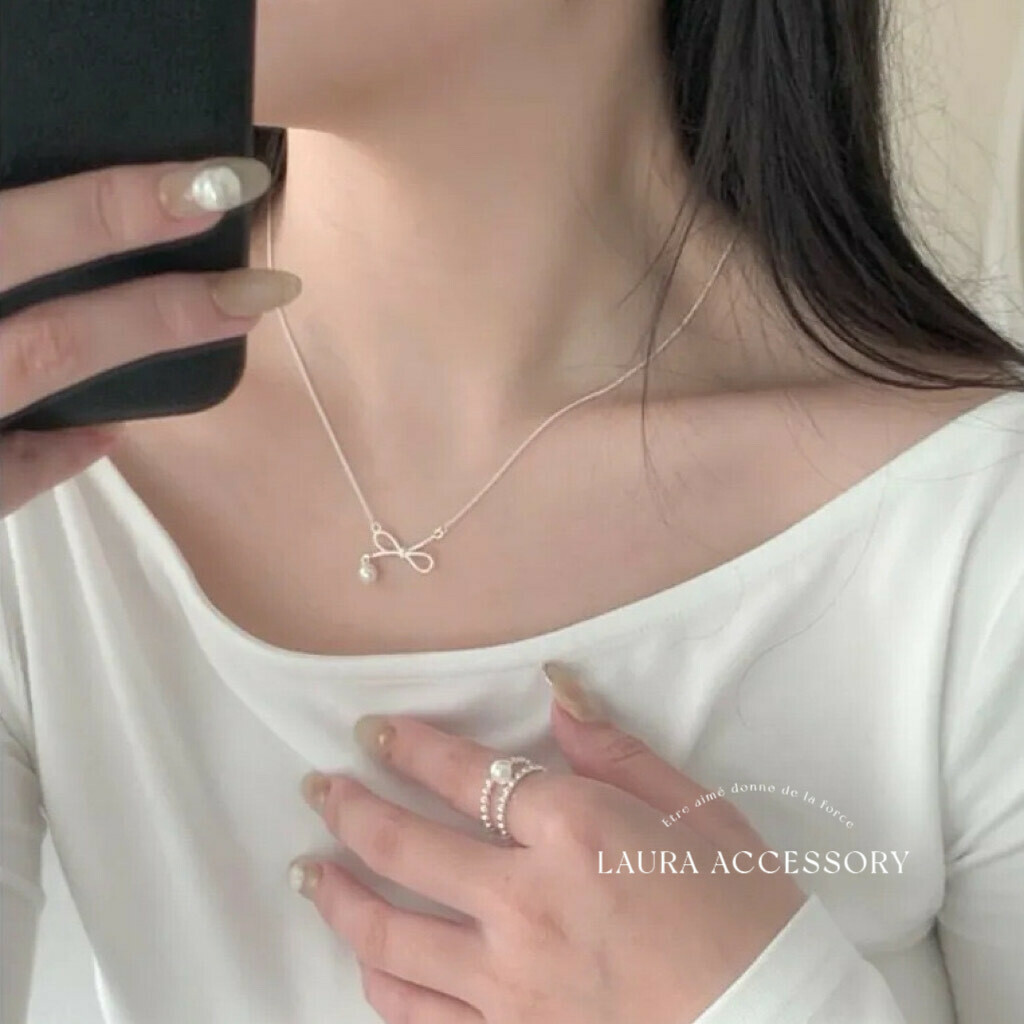 繆思．蝴蝶結珍珠純銀鎖骨鏈