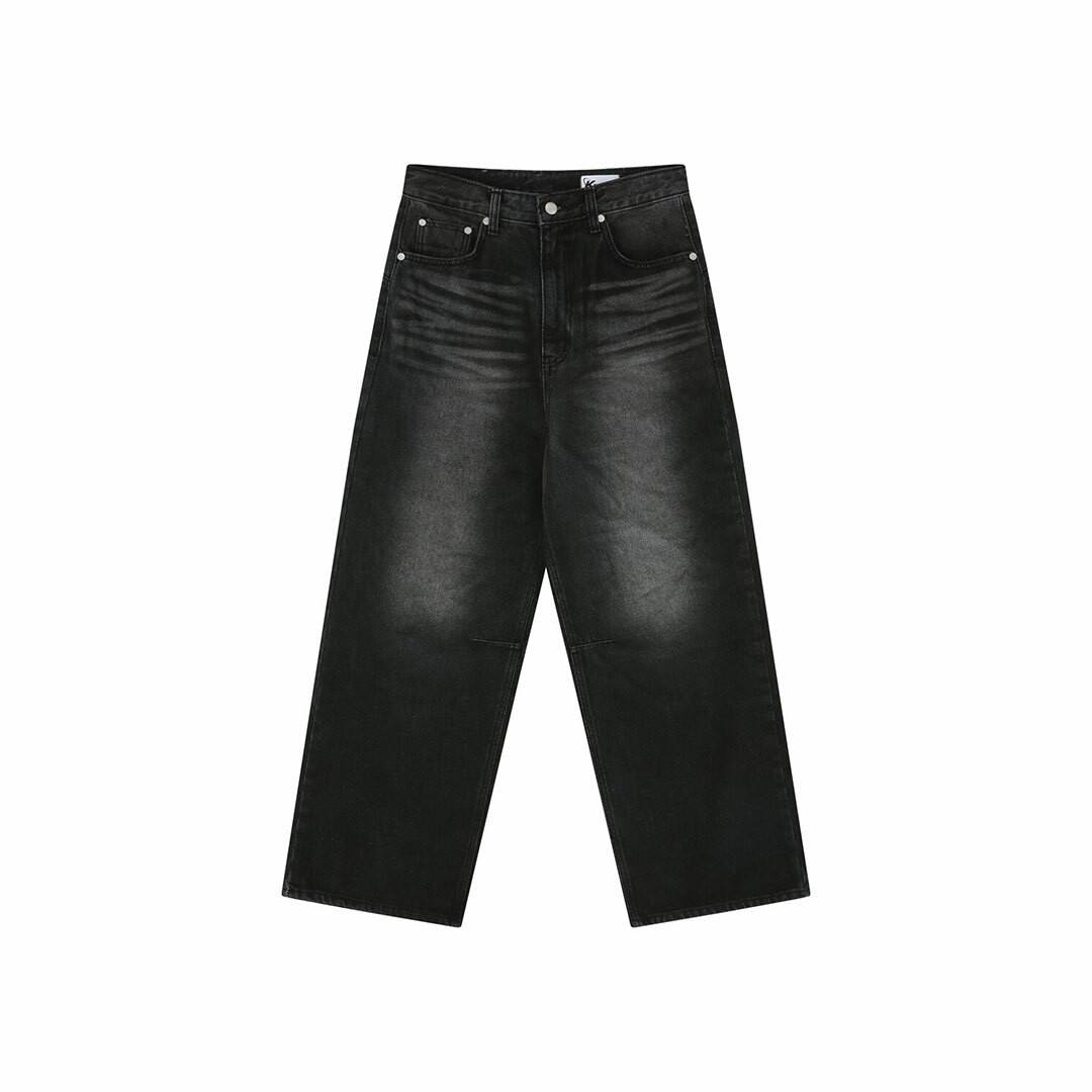 Kashiko】【網店限定】Washed RIvet Wide Jean Black
