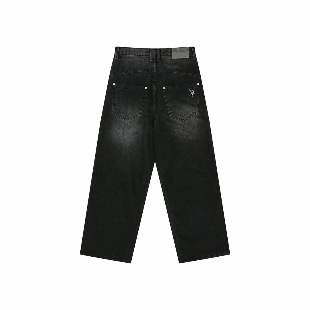 Kashiko】【網店限定】Washed RIvet Wide Jean Black