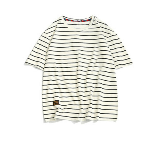 Retro striped short sleeve T (white) [M-5XL size] [Contact customer service to confirm the shipping size after placing an order]