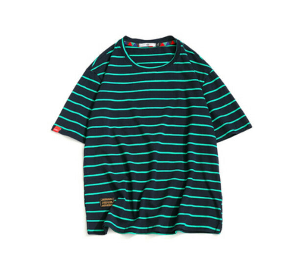 Retro striped short sleeve T (navy blue) [M-5XL size] [Contact customer service to confirm the shipping size after placing an order]