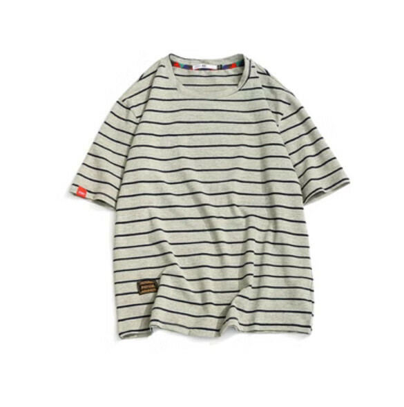 Retro striped short sleeve T (gray) [M-5XL size] [Contact customer service to confirm the shipping size after placing an order]