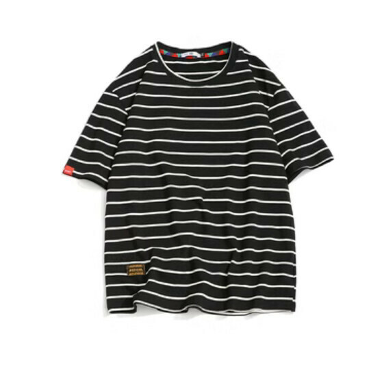 Retro striped short sleeve T (black) [M-5XL size] [Contact customer service to confirm the shipping size after placing an order]