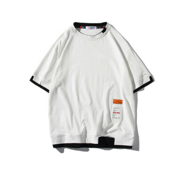 Retro color-blocked fake two-piece short-sleeved T (white) [M-5XL size] [Contact customer service to confirm the shipping size after placing an order]