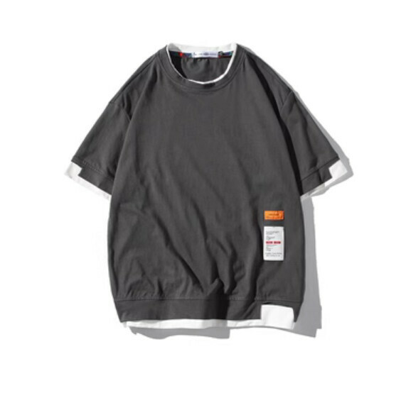 Retro color-blocked fake two-piece short-sleeved T (gray) [M-5XL size] [Contact customer service to confirm the shipping size after placing an order]