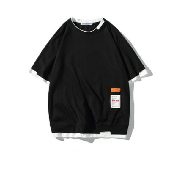 Retro color-blocked fake two-piece short-sleeved T (black) [M-5XL size] [Contact customer service to confirm the shipping size after placing an order]