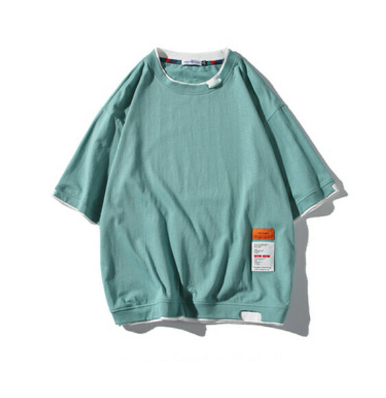 Retro color-blocked fake two-piece short-sleeved T (light green) [M-5XL size] [Contact customer service to confirm the shipping size after placing an order]