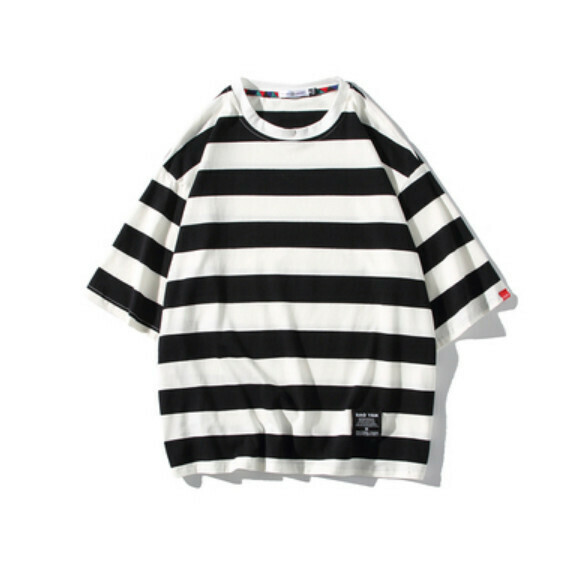 Retro color-blocked striped crew neck short sleeve T (black and white stripe) [M-5XL code] [Contact customer service to confirm the shipping size after placing an order]