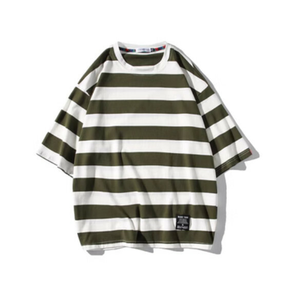 Retro color-blocked striped crew neck short sleeve T (army green stripe) [M-5XL size] [Contact customer service to confirm the shipping size after placing an order]