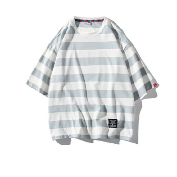 Retro color-block striped crew neck short sleeve T (light blue stripe) [M-5XL size] [Contact customer service to confirm the shipping size after placing an order]