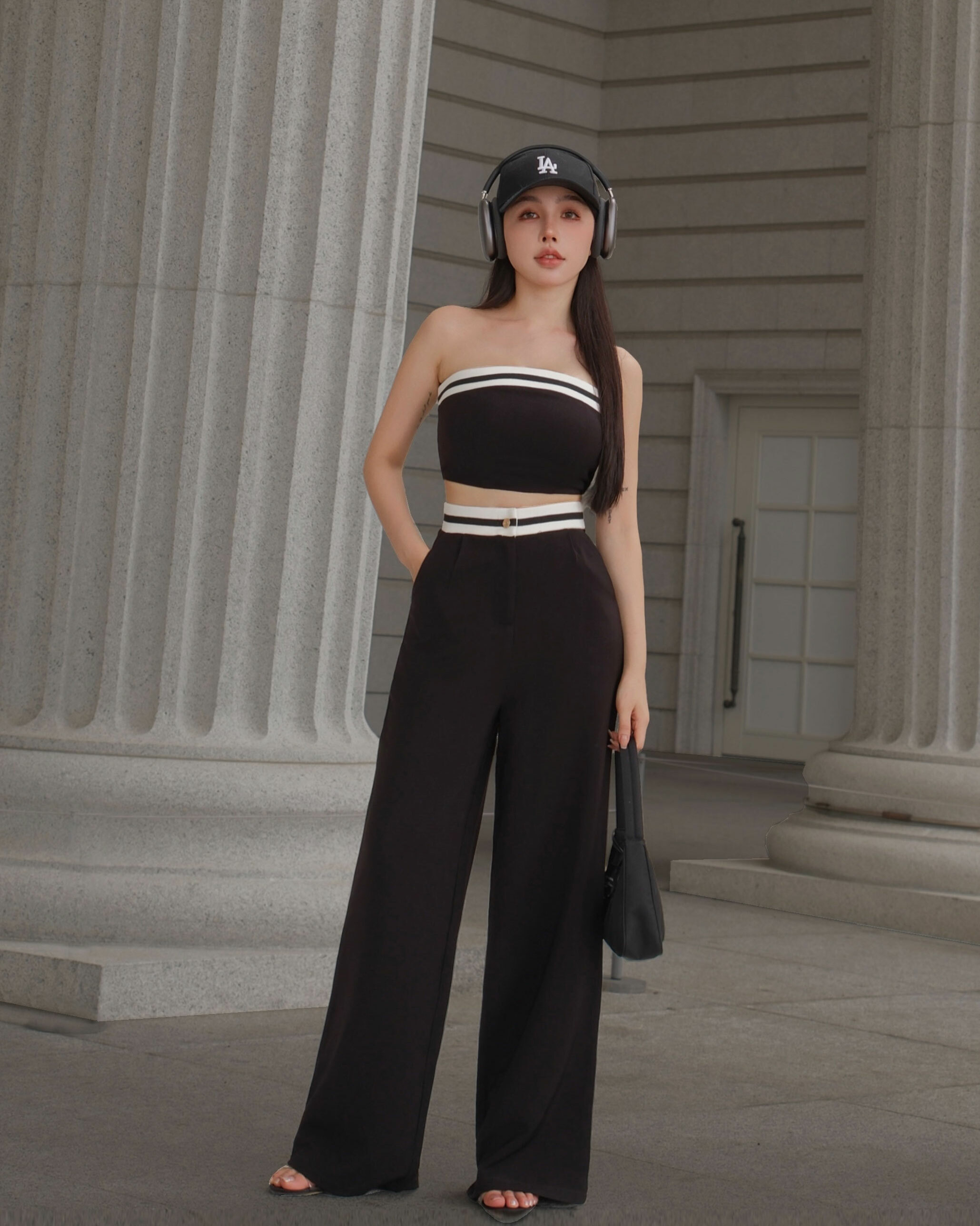 訂製-休閒線條撞色平口套裝