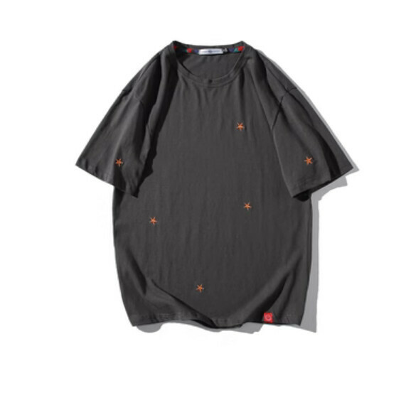 Summer simple embroidery crew neck short sleeve T (gray) [M-5XL size] [contact customer service to confirm the shipping size after placing an order]