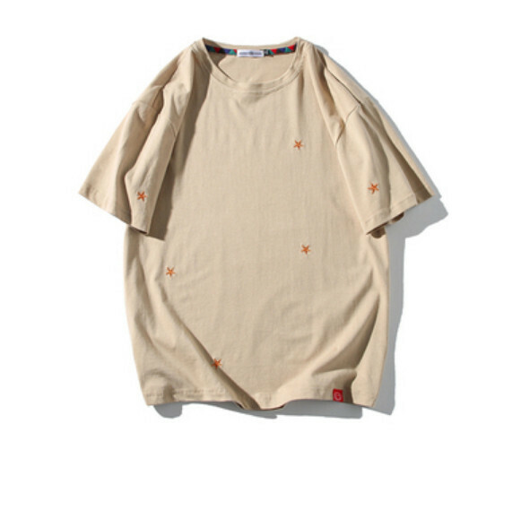 Summer simple embroidery crew neck short sleeve T (beige) [M-5XL size] [Contact customer service to confirm the shipping size after placing an order]