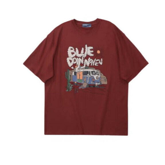 Vintage print short sleeve T (burgundy) [S-XL size] [Contact customer service to confirm the shipping size after placing an order]
