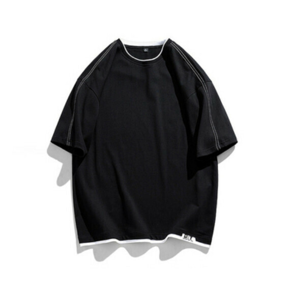 Fake two-piece stitching short sleeve T (black) [M-4XL size] [Contact customer service to confirm the shipping size after placing an order]