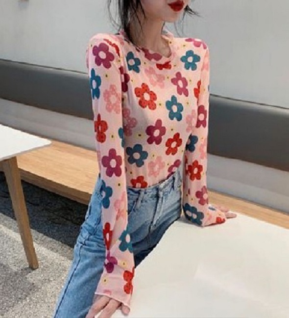 激抵小花長袖防曬t恤(粉色彩花 ）（ 尺碼:均碼)