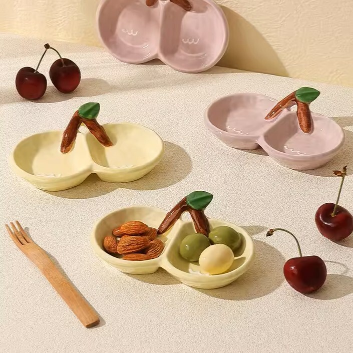 《4165》可愛櫻桃造型分格陶瓷醬料小碟