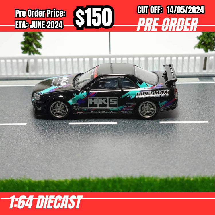 PO-$150 * Model Collect * 1:64 Nissan Skyline GTR R34 V-Spec II Black HKS [OD09/05]