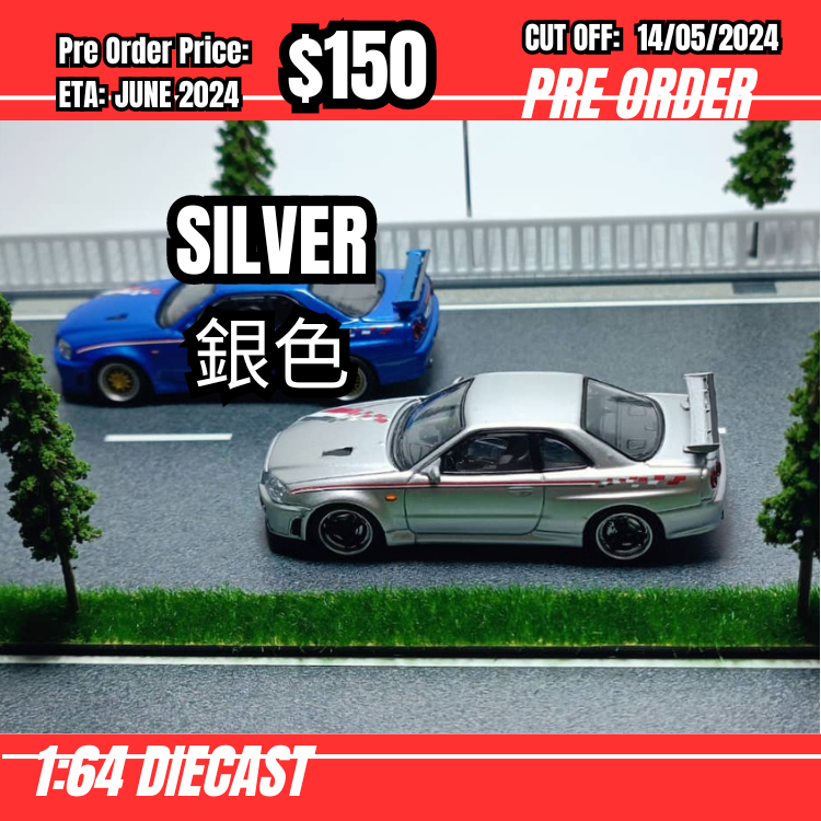 PO-$150 * Model Collect * 1:64 Nissan Skyline GTR R34 V-Spec II Silver Nismo [OD09/05]