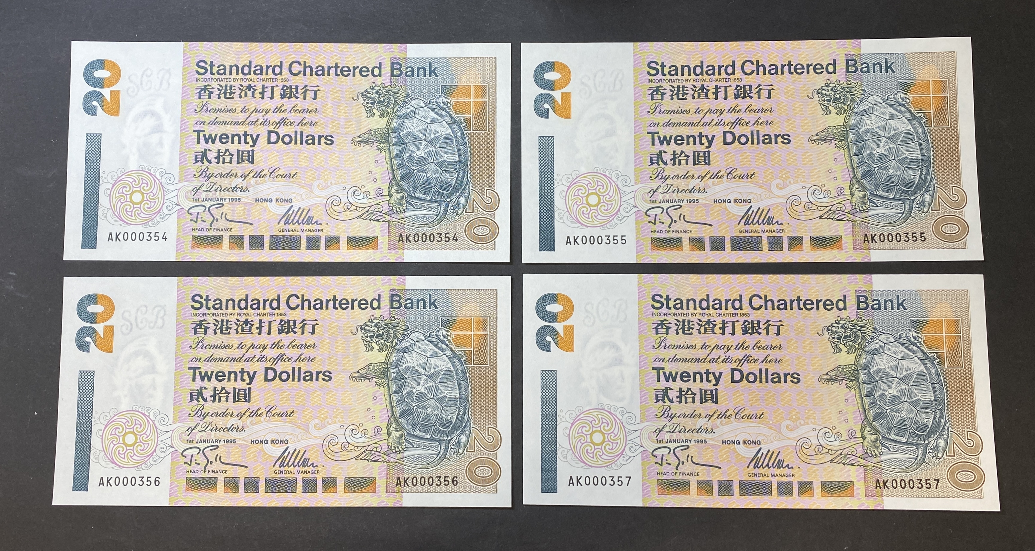 1995 SCB 20 banknotes 4 consecutive pieces (AU-UNC) AK 000354-357