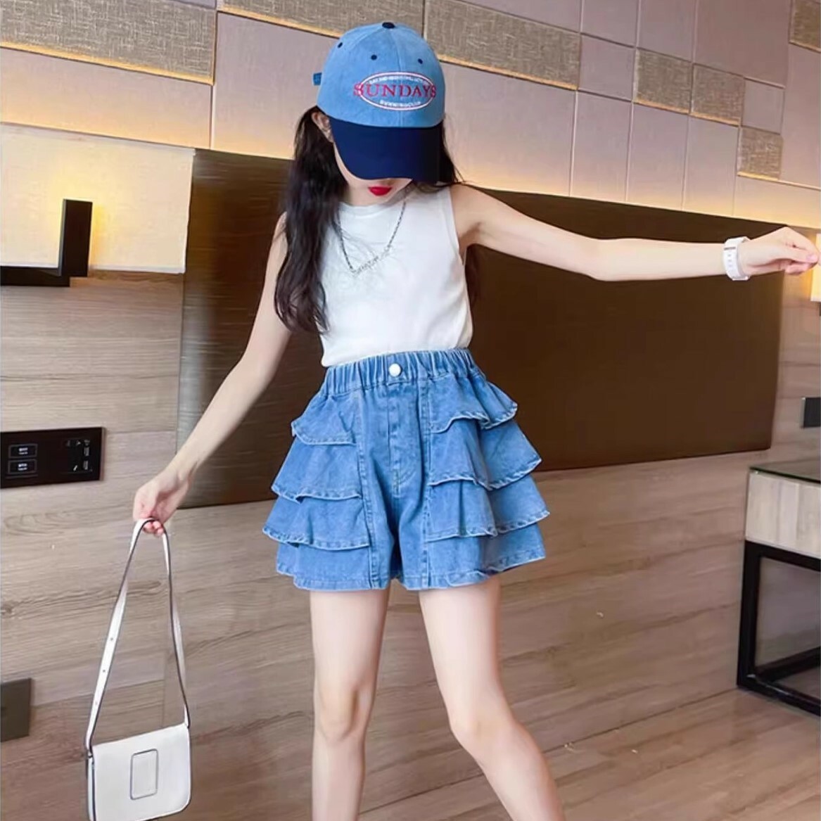 荷葉牛仔短褲裙 100-160cm