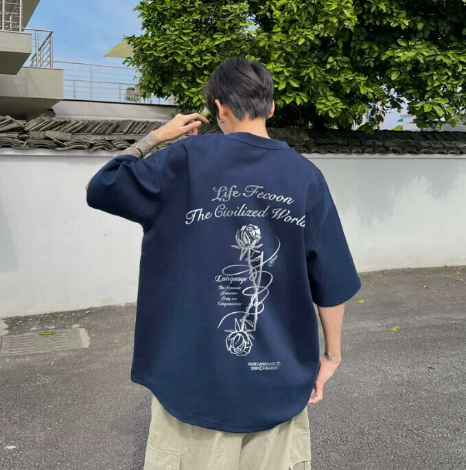 新款玫瑰花五分袖T恤（藏青色S-3XL）（下單后聯繫客服確認發貨尺碼）