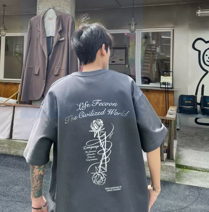 新款玫瑰花五分袖T恤（深灰色S-3XL）（下單后聯繫客服確認發貨尺碼）