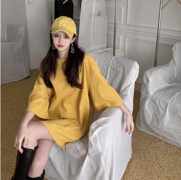 Short Sleeve Long Basic Loose Crew Neck T-Shirt (Mango Yellow) (Size: One Size)